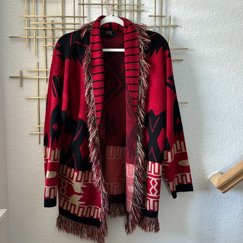 L&B Red Black Tan Aztec Fringes Sweater Cardigan - Large